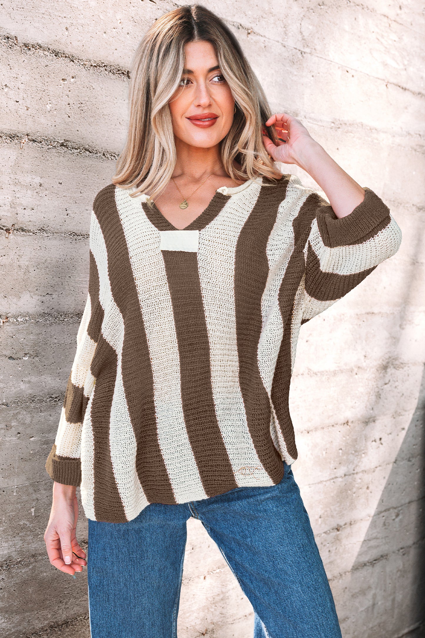 Brown Stripe Colorblock V Neck Bracelet Sleeve Sweater
