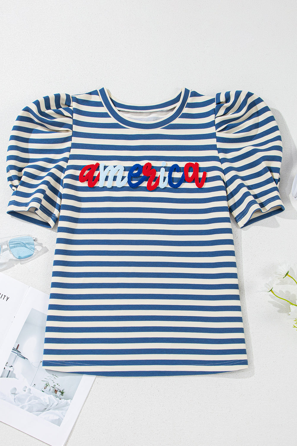 Blue Stripe America Cursive Graphic Puff Sleeve T-shirt