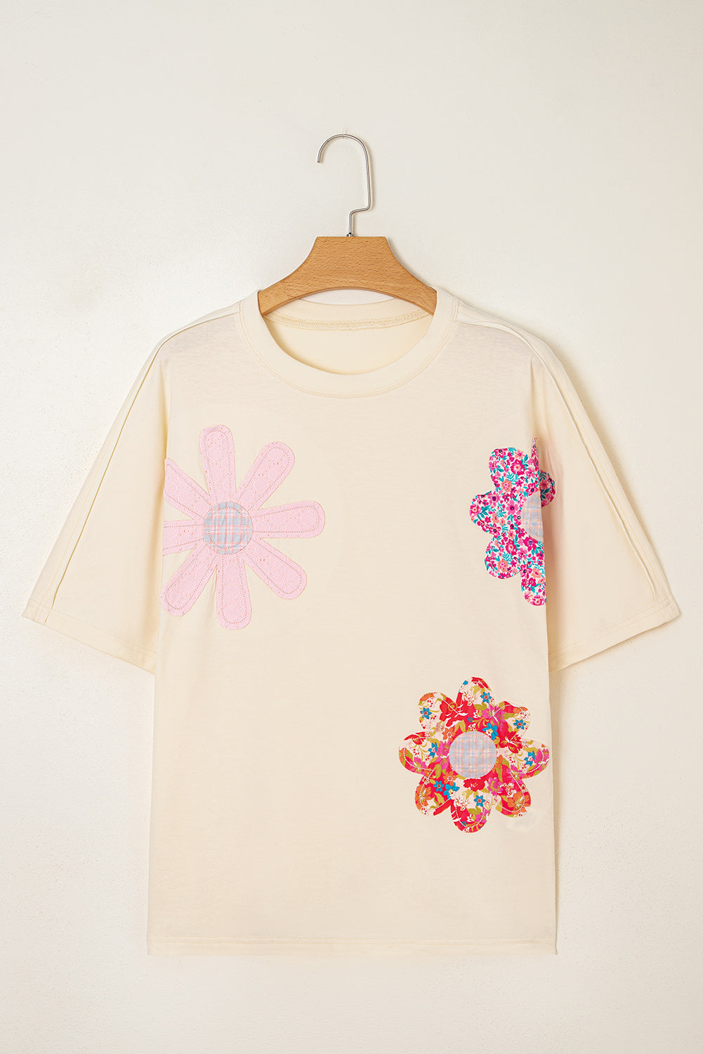 Apricot Flower Patched Exposed Stitching Trim Crew Neck Loose Tee