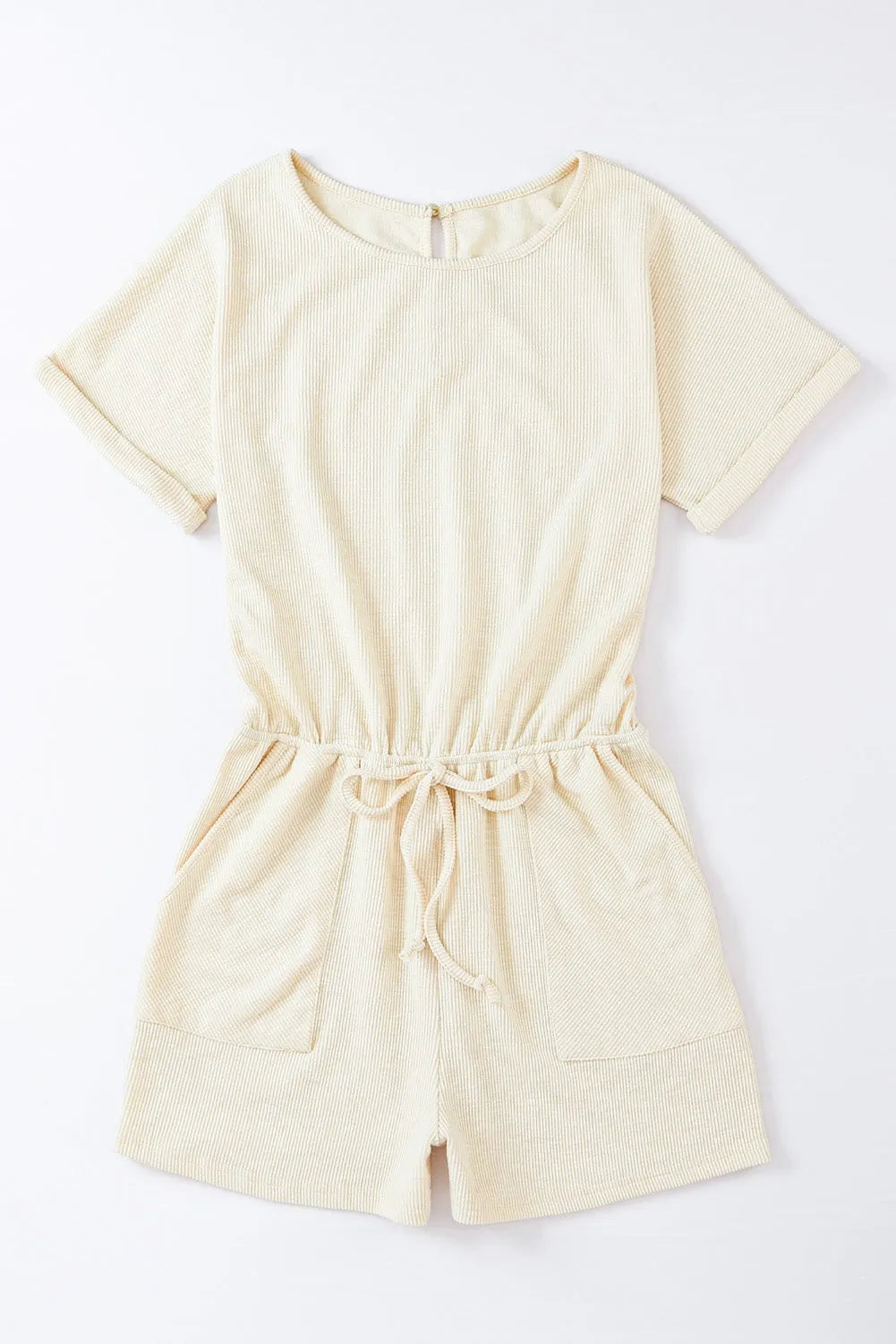 Beige Ribbed Elastic Waist Romper - Chic Meadow Boutique 