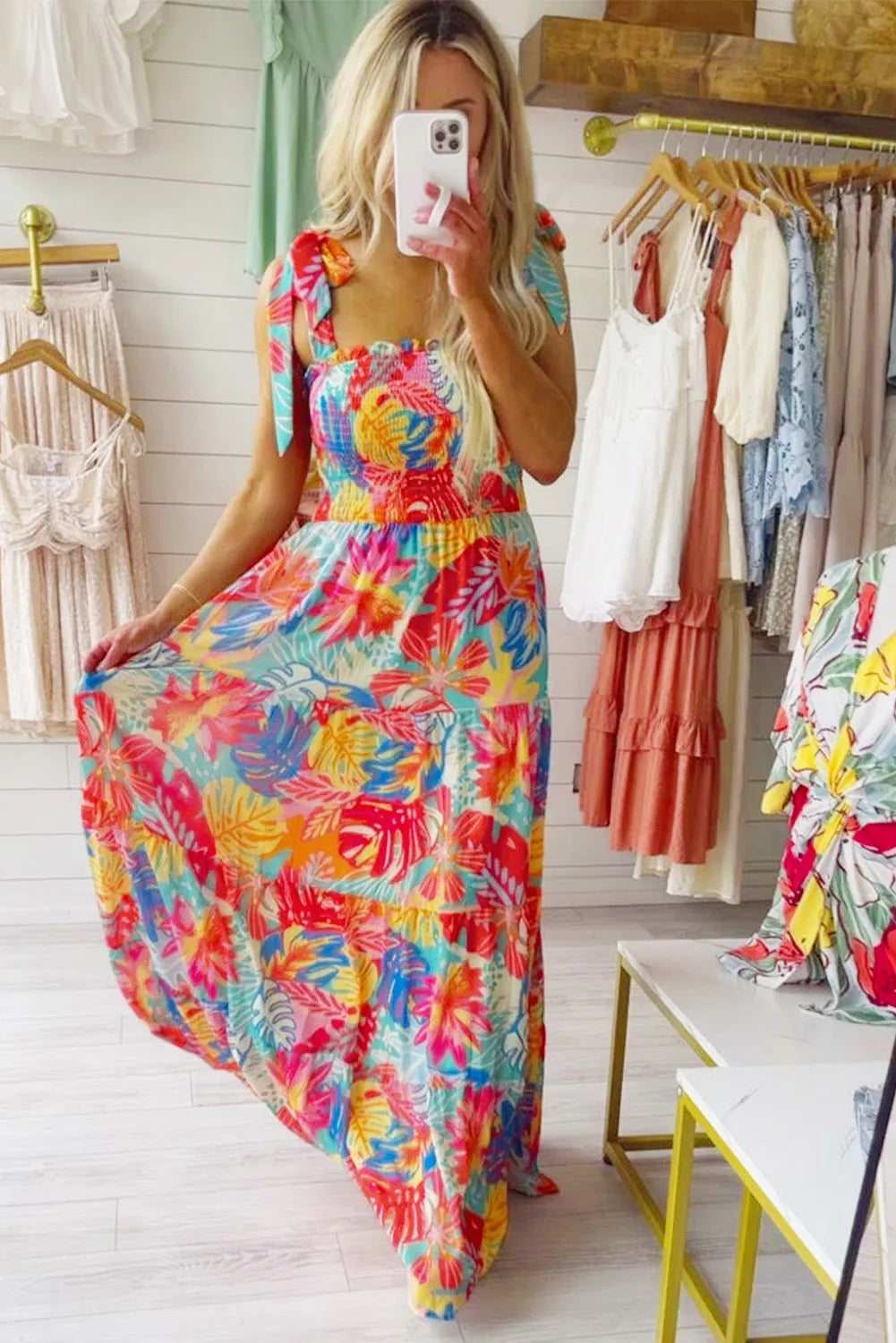 Multicolor Vibrant Tropical Print Smocked Ruffle Tiered Maxi Dress - Chic Meadow Boutique 