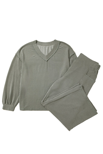 Four Leaf Clover Twisted Ribbed Exposed Seam Detail V Neck Pullover Plus Size Pant Set