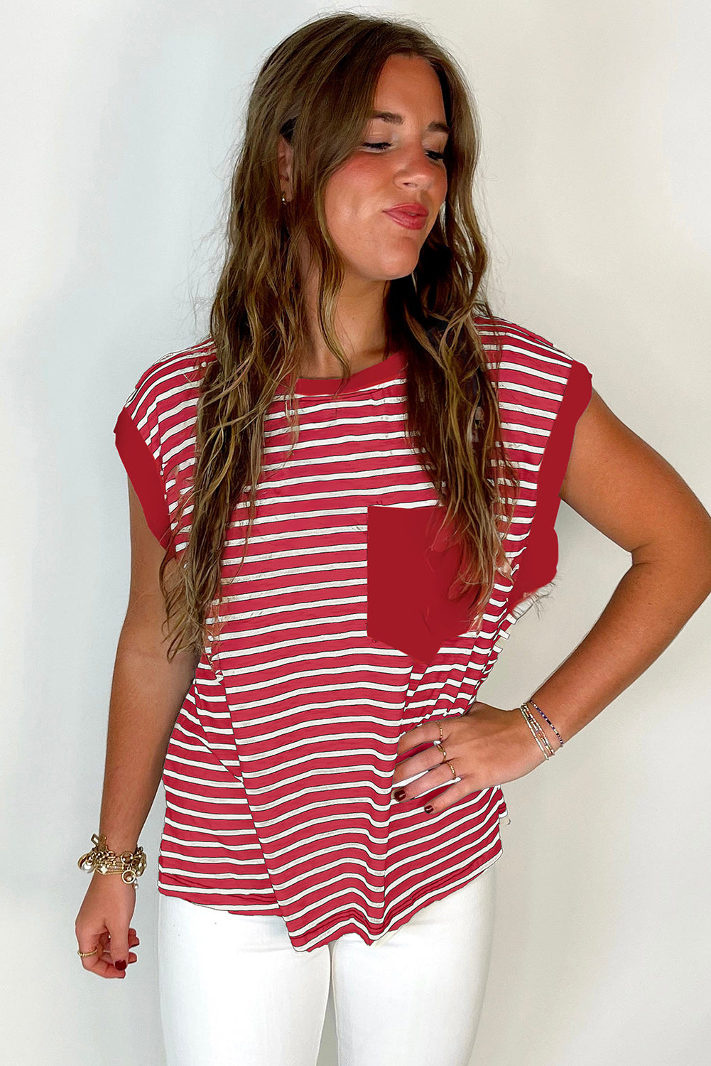 Red Stripe Chest Pocket Patch Round Neck Tank Top