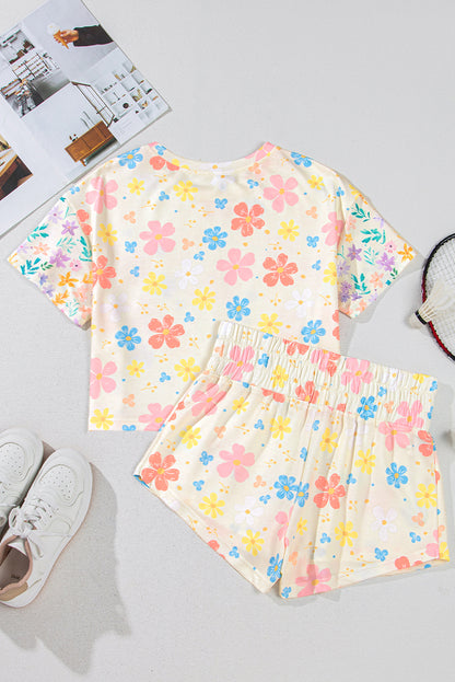 Apricot Floral Print Crop Top Wide Leg Short Set