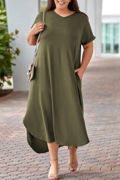 Plus Size/Plus Size Dresses/Plus Size Maxi Dresses Green Plus Size V Neck Rolled Cuffs Maxi Dress