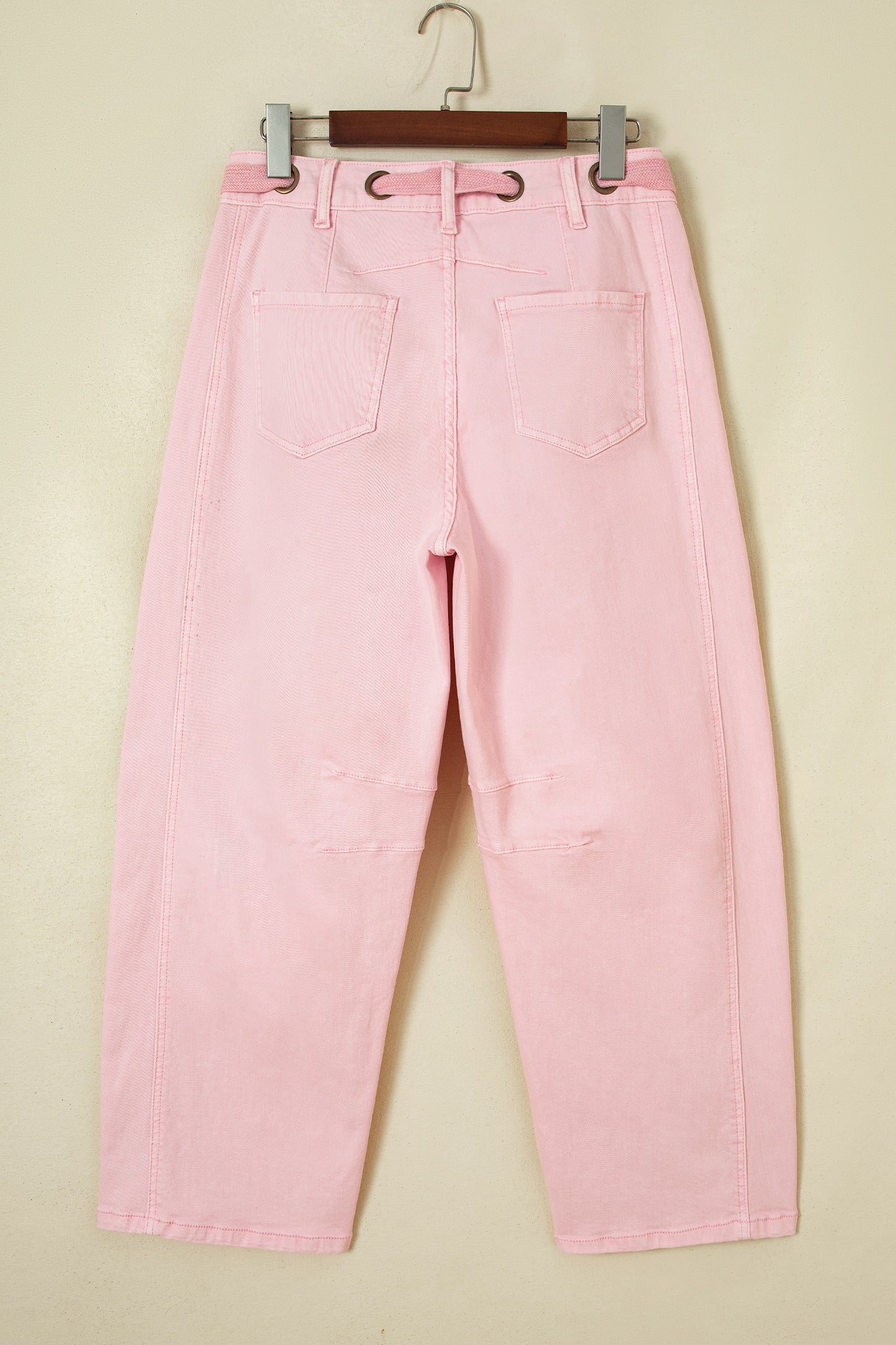 Light Pink Solid Color Grommet Detail Knot Waist Barrel Jeans