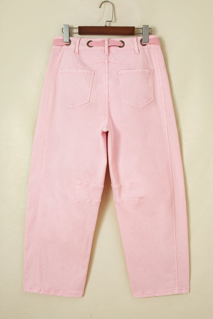 Light Pink Solid Color Grommet Detail Knot Waist Barrel Jeans