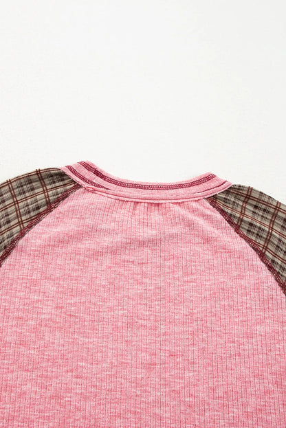 Fushia Mixed Print Patchwork Raglan Ribbed Knit Top - Chic Meadow Boutique 