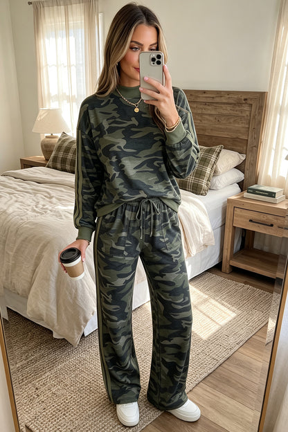 Multicolour Camouflage Patchwork Striped Detail Long Sleeve Top Casual Pants Set