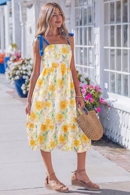 Yellow Floral Print Contrast Stitched Knot Denim Straps High Waist Dress