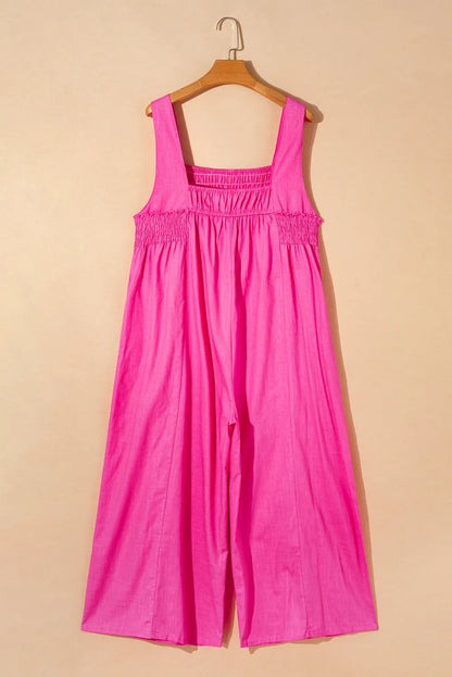 Strawberry Pink Wide Straps Smocked Detail Wide Leg Overalls - Chic Meadow Boutique 