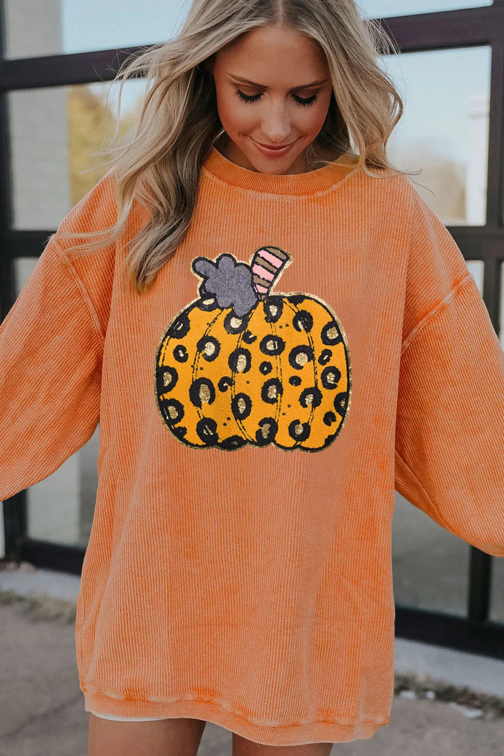 Orange Halloween Leopard Pumpkin Patchwork Ribbed Sweatshirt - Chic Meadow Boutique 