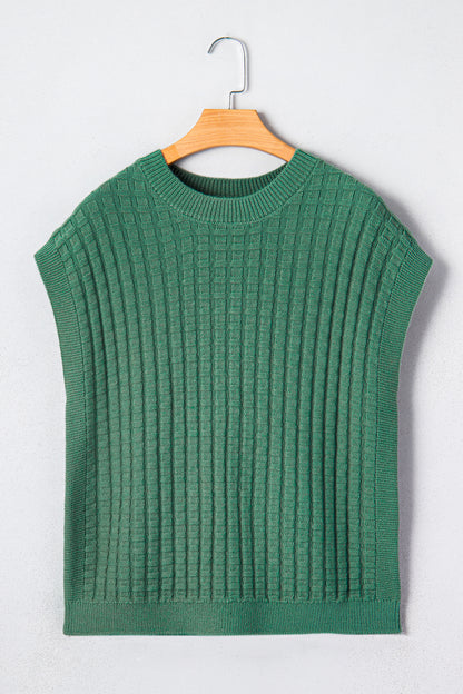 Mist Green Solid Color Round Neck Textured Short Sleeve Sweater