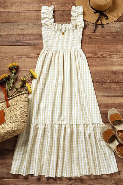 Khaki Plaid Ruffled Sleeve Smocked Maxi Dress - Chic Meadow Boutique 