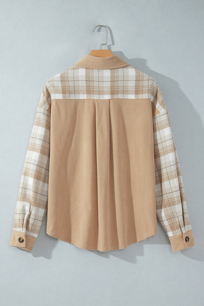 Light French Beige Plaid Colorblock Shirt Collar Shift Shacket
