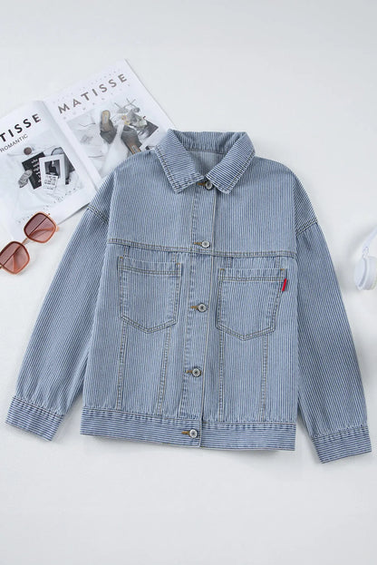 Sky Blue Stripe Washed Oversize Pocketed Denim Jacket - Chic Meadow Boutique 