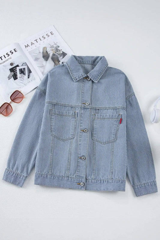 Outerwear/Denim jackets Sky Blue Stripe Washed Oversize Pocketed Denim Jacket