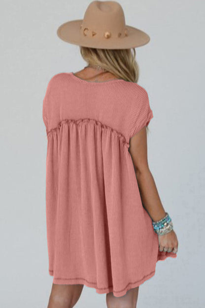 Dusty Pink Corded Knit Textured Patched Pocket Frilled Swing Mini Dress with Pockets