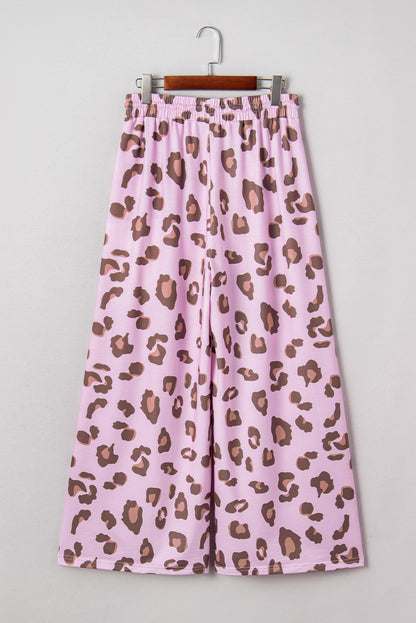 Pink Drawstring Leopard Print Patch Pocket Loose Pants