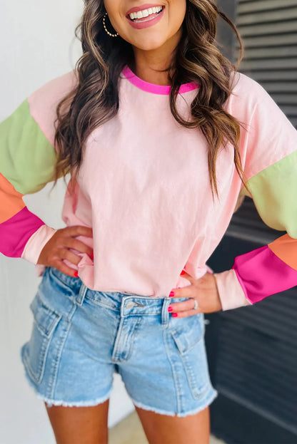 Pink Colorblock Patchwork Long Sleeve Loose Top - Chic Meadow Boutique 