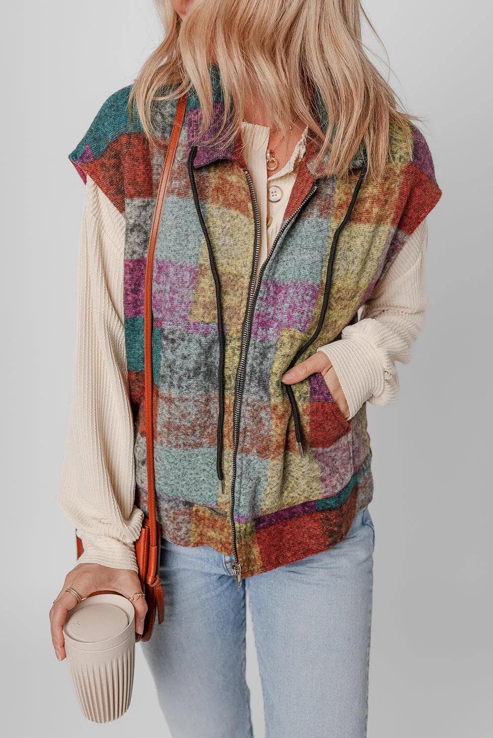 Outerwear/Vests Multicolor Plaid Print Side Pockets Zipped Loose Vest