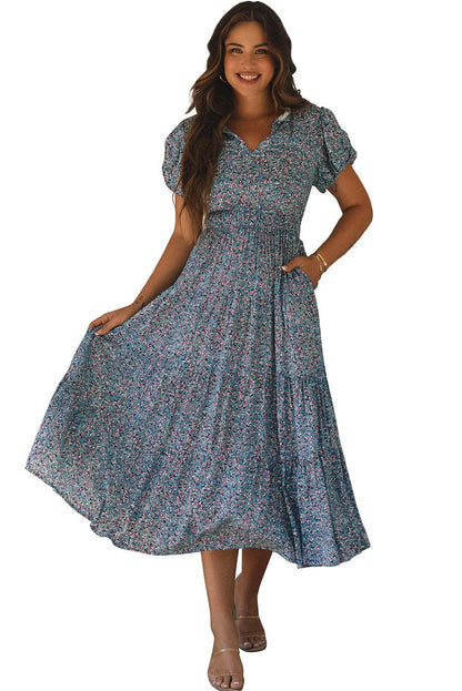 Dresses/Maxi Dresses Blue Printed V Neck Shirred Short Puff Sleeve Maxi Dress