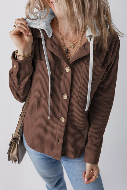 Coffee Hooded Drawstring Pockets Corduroy Shacket - Chic Meadow Boutique 