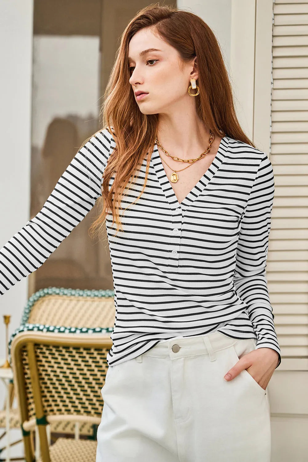 White Stripe Slim Fit Buttoned V Neck Long Sleeve T Shirt - Chic Meadow Boutique 