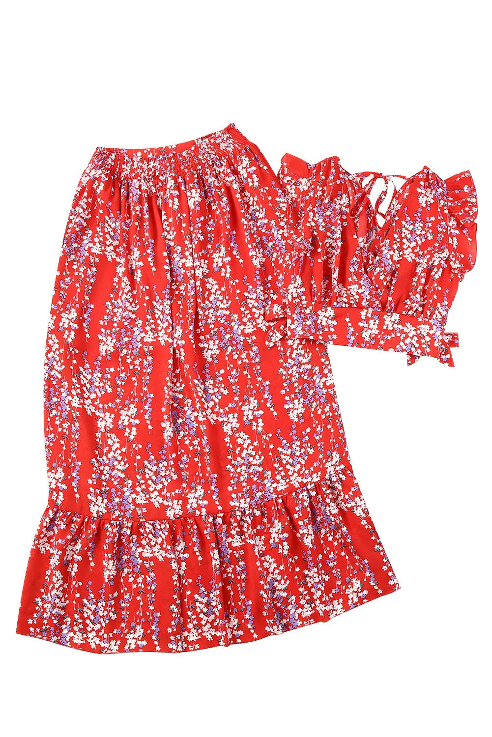 Fiery Red Multicolor Floral Ruffled Crop Top and Maxi Skirt Set - Chic Meadow Boutique 