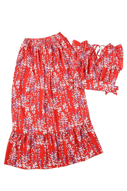 Fiery Red Multicolor Floral Ruffled Crop Top and Maxi Skirt Set - Chic Meadow Boutique 