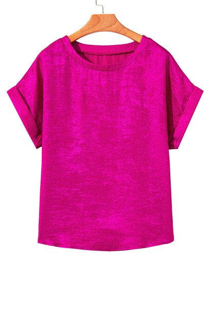 Festival Fuchsia Shine Shimmer Cuffed Short Sleeve Casual Top