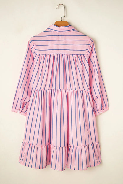 Pink Stripe Ruffled Hem Button-up Collared Shirt Mini Dress - Chic Meadow Boutique 