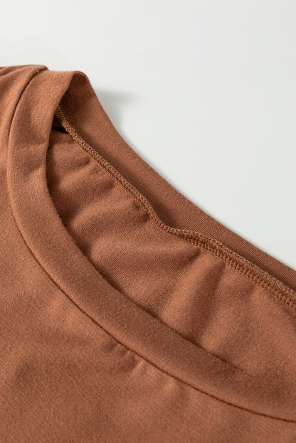 Brown Floral Sleeve Patchwork Round Neck Plus Blouse