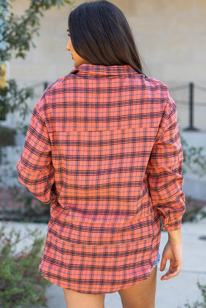 Red Plaid Long Sleeeve Side Split Distressed Hem Shirt