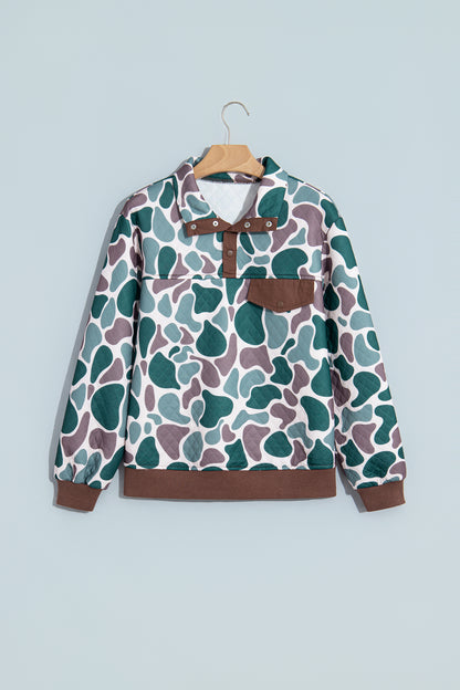 Multicolour Retro Camouflage Pattern Color Block Detail Button Pullover Sweatshirt