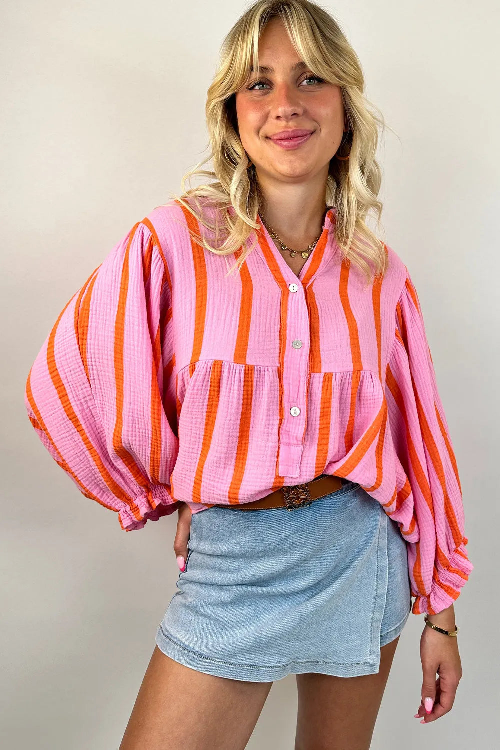 Orange Stripe Crinckled Ruffled Sleeve Button up Loose Shirt - Chic Meadow Boutique 