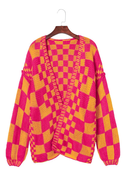 Multicolor Open Front Mixed Checkered Pattern Knit Cardigan - Chic Meadow Boutique 