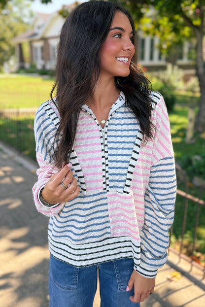 Multicolour Striped Color Block Patchwork Half Zip Drop Shoulder Long Sleeve Top