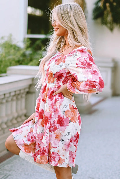 White Floral Print Smocked Puff Sleeve Mini Dress - Chic Meadow Boutique 