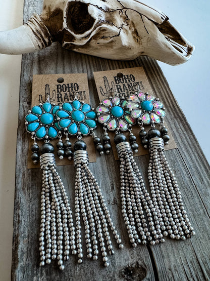 Western Concho Bead Fringe Dangle Earrings