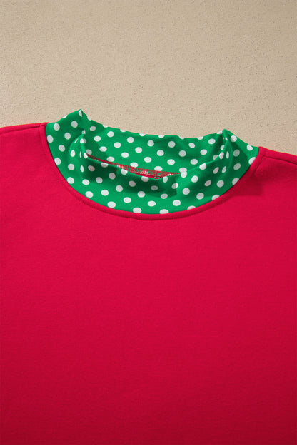 Racing Red Colorblock Polka Dot Contrast Trim Oversized Sweatshirt
