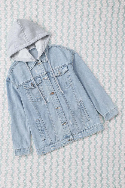 Sky Blue Button Closure Ripped Hooded Denim Jacket - Chic Meadow Boutique 