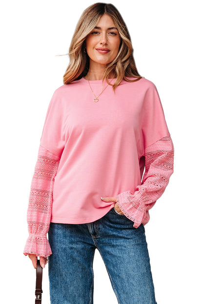 Sachet Pink Drop Shoulder Lace Ruffled Sleeve Patchwork Loose Sweatshirt