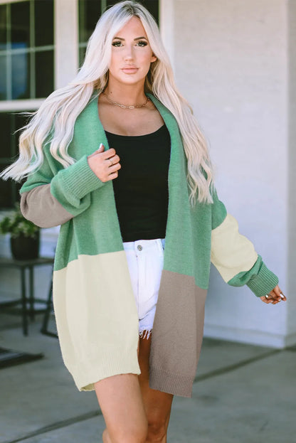 Green Colorblock Draped Open Front Chunky Cardigan - Chic Meadow Boutique 