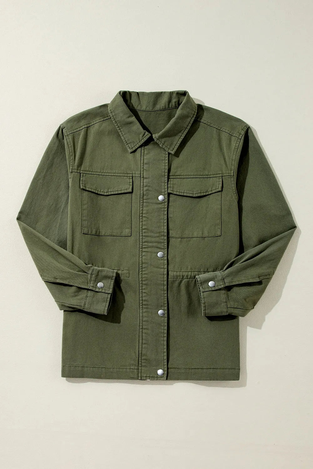 Outerwear/Jackets Moss Green Snap Button Zipper Tight Waist Collared Jacket