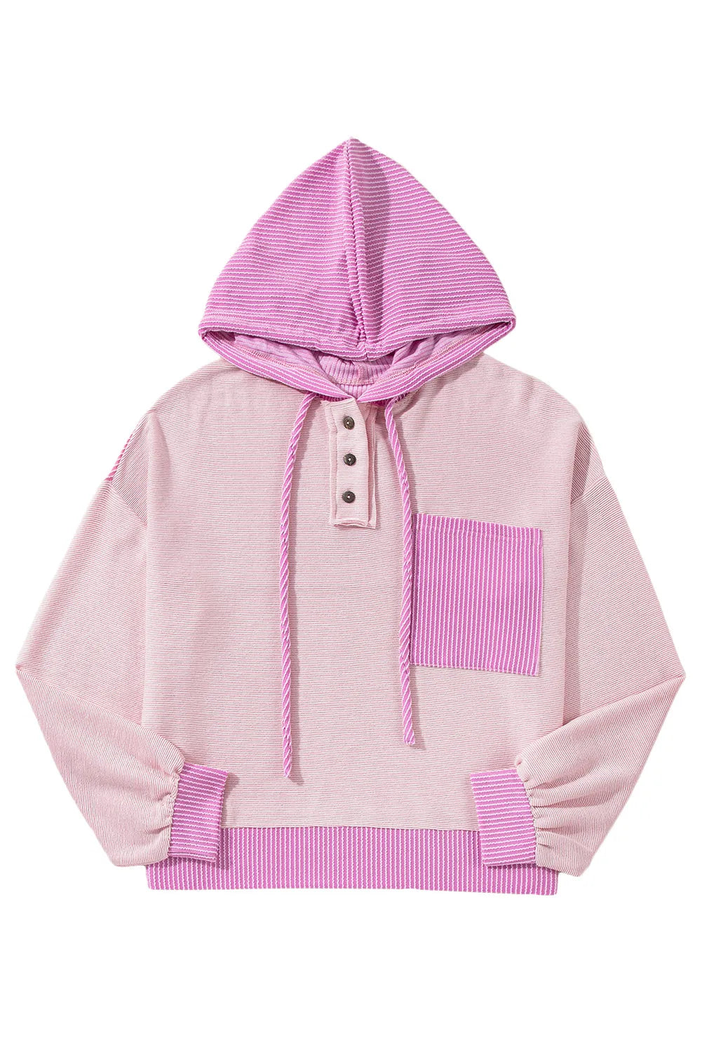 Light Pink Corded Colorblock Patch Pocket Drawstring Hoodie - Chic Meadow Boutique 