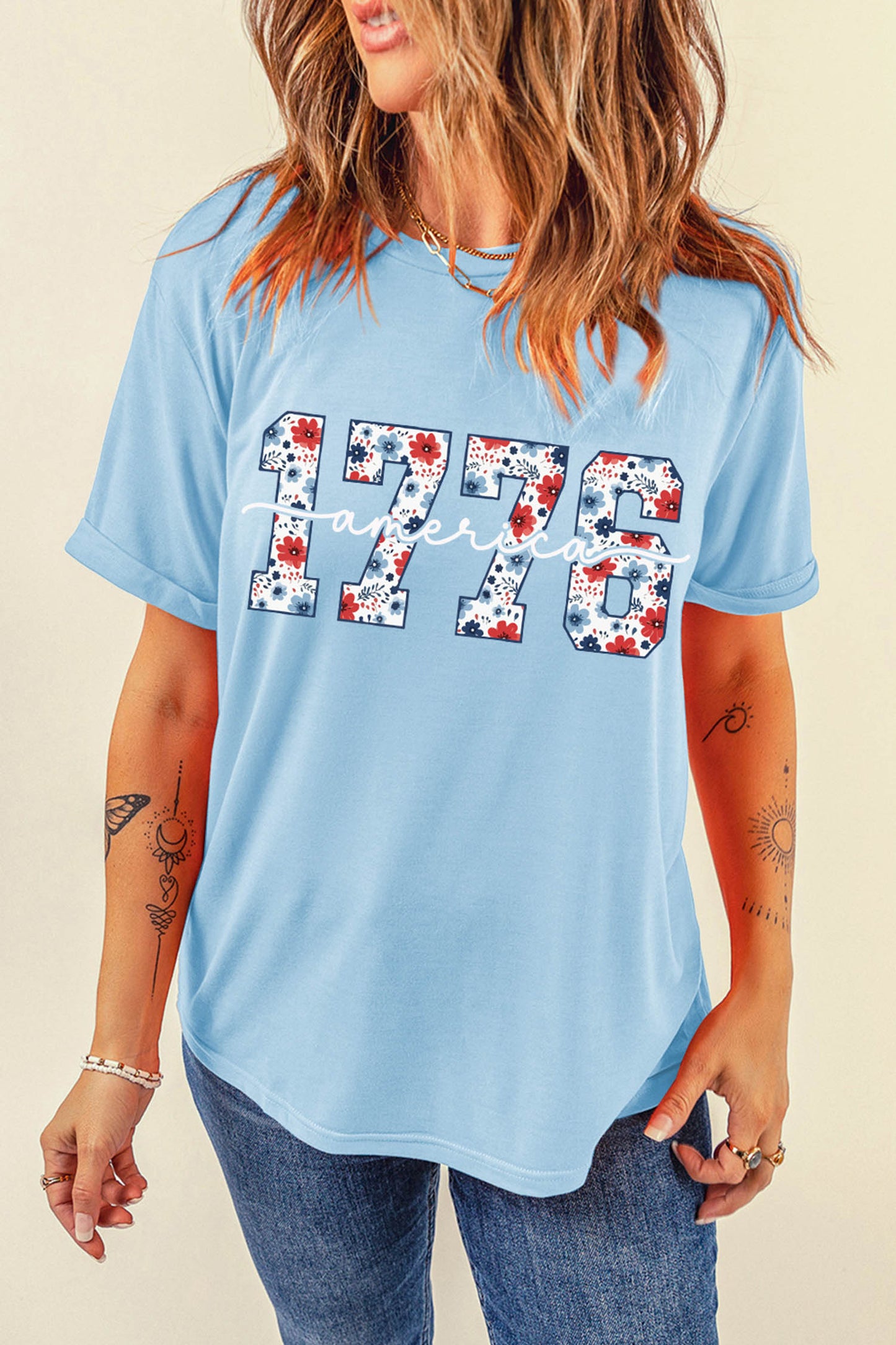 Light Blue America 1776 Floral Print Relaxed T Shirt