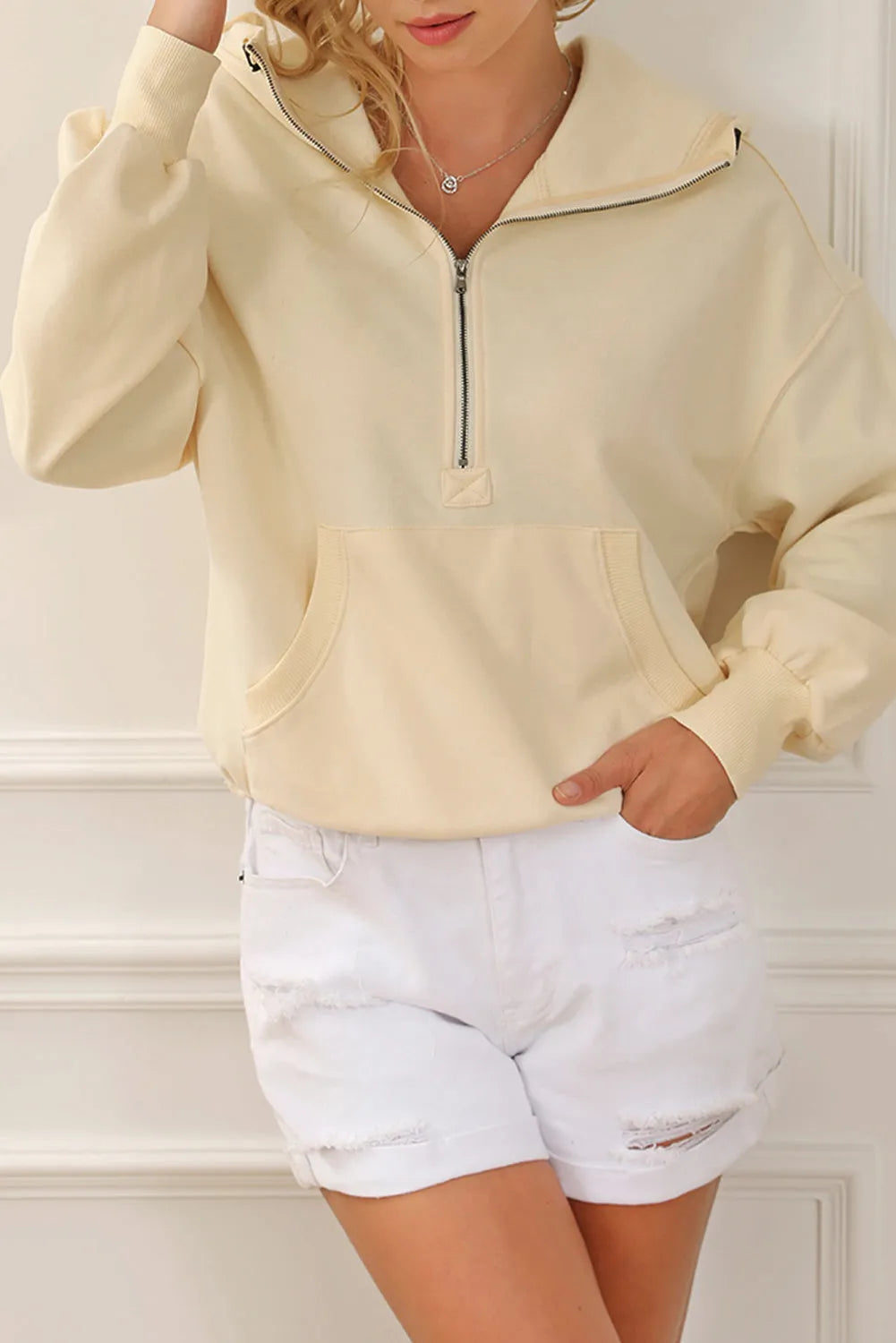 Beige Ribbed Trim Kangaroo Pocket Zipped Hoodie - Chic Meadow Boutique 