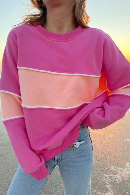 Sachet Pink Colorblock Patchwork Drop Shoulder Ribbed Trim Sweatshirt - Chic Meadow Boutique 