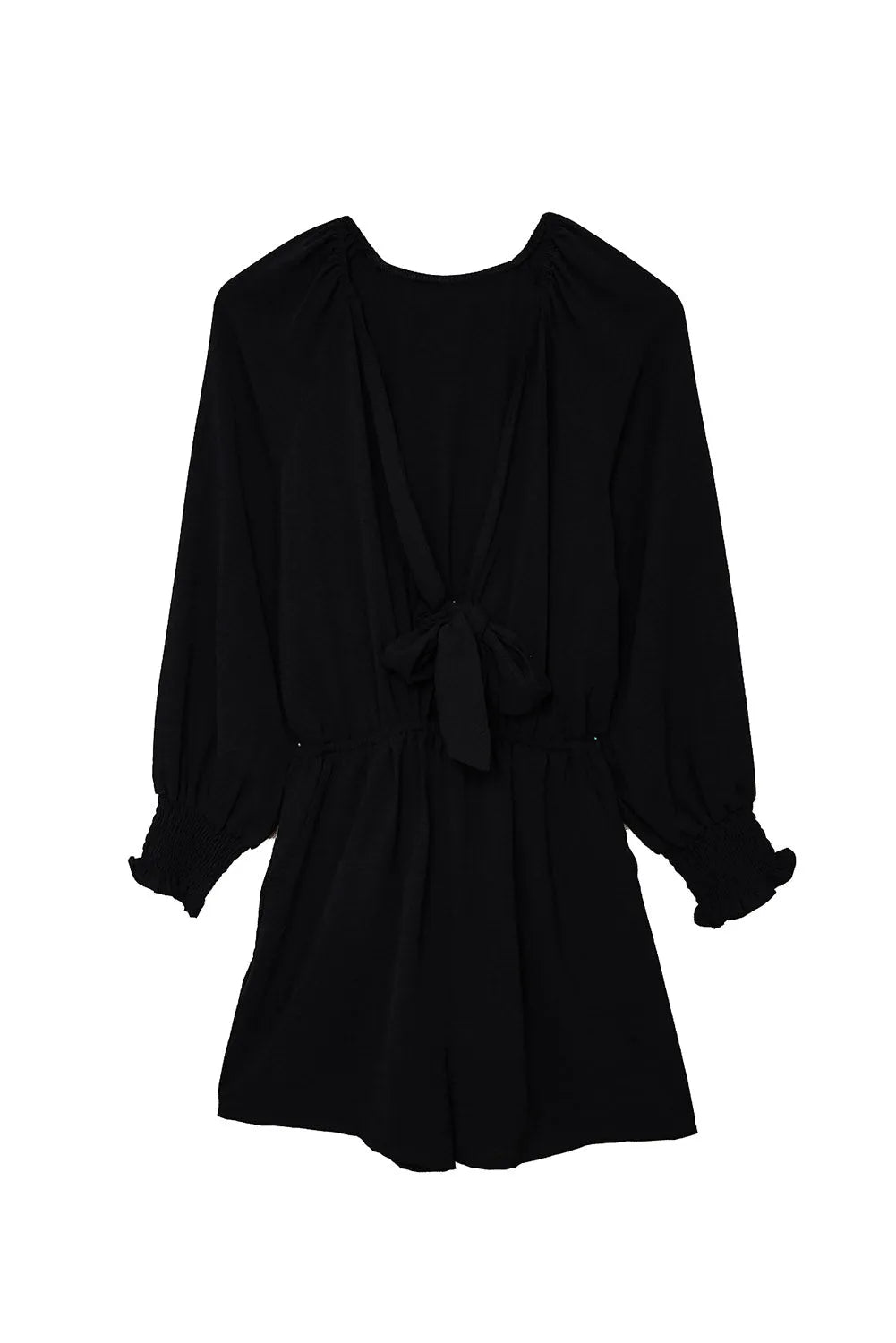 Black Tie Knot Puff Long Sleeve Romper - Chic Meadow Boutique 